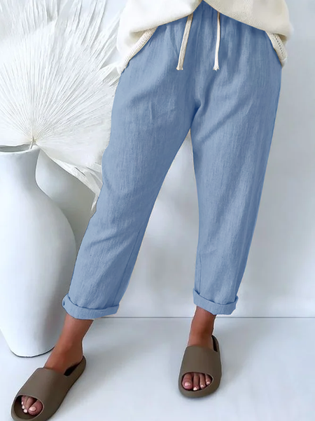 Women Drawstring Wasit Casual Pockets Gray Cotton And Linen Pants, Pants, Roselinlin - Online Catalog