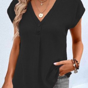 V Neck Plain Casual Shirt, Shirts & Blouses, color:Black|size:XXL, JustFashionNow