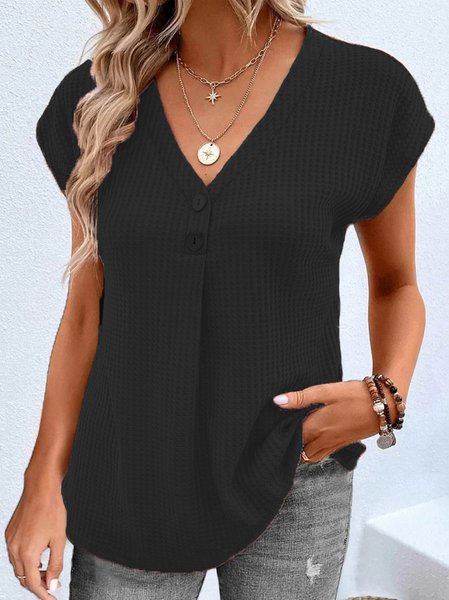V Neck Plain Casual Shirt, Shirts & Blouses, color:Black|size:XXL, JustFashionNow