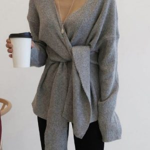 Simple Long Sleeve Plain Cross Neck Sweater Coat, Sweaters, color:Gray|size:XXL, Stylewe