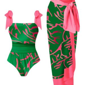 Square Neck Vacation Printing Color Block One Piece With Cover Up, swimwear>>Bikini Sets, color:Green|size:XXL, JustFashionNow