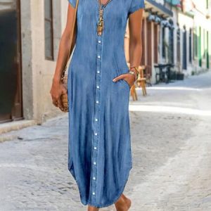 Women Casual Natural Loose Button H-Line Maxi Dress, Maxi, color:Blue|size:XXL, Noracora