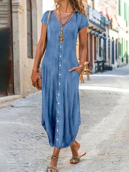 Plain Casual Denim Dress, Dresses, color:Blue|size:XXL, JustFashionNow
