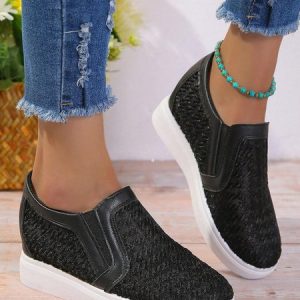 Breathable Mesh Houndstooth Casual Wedge Slip On Shoes, Flats, color:Black|size:40, JustFashionNow