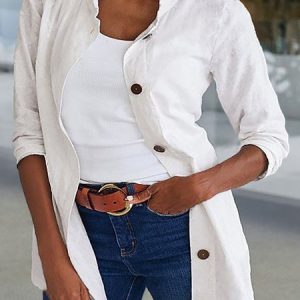 Plus size Shirt Collar Plain Casual Outerwear, Jackets, color:White|size:4X, JustFashionNow