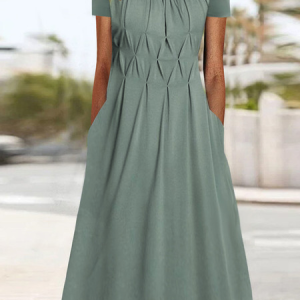 Casual Loose Crew Neck Plain Pleating Dress, Maxi, color:Gray|size:XXL, Noracora