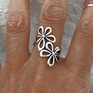 Boho Vintage Floral Cutout Open Ring Beach Vacation Ethnic Jewelry, color:Silver|size:One-size, Lilicloth.com