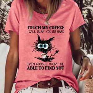 Women's Touch My Coffee I Will Slap You So Hard Black Cat Casual T-shirt, color:Red|size:3XL, Lilicloth.com