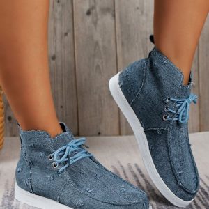Denim Blue Distressed Lace-up Casual Flats, Flats, color:Blue|size:42, JustFashionNow