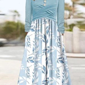 V Neck Floral Casual Loose Dress, Dresses, color:Blue|size:XXL, JustFashionNow