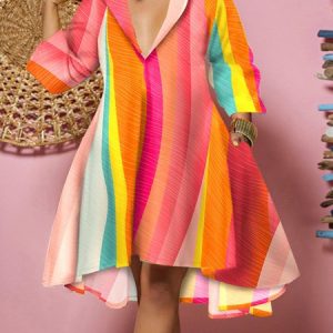 Loose Shirt Collar Vacation Striped Dress, Mini Dresses, color:As Picture|size:XXL, Stylewe