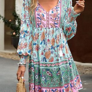 Women Ethnic V Neck Long Sleeve Comfy Ethnic Short Dress, Short, color:Green|size:XL, Noracora
