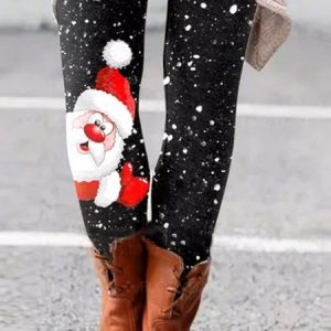 Women Black Christmas Cute Santa Claus With Snow Leggings, Leggings, color:Black|size:XXL, JustFashionNow