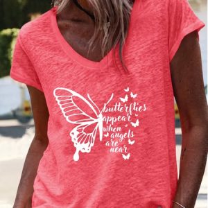 Women's Butterflies Appear V Neck Casual T-Shirt, T-shirts, Lilicloth.com