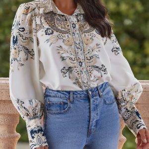 Shirt Collar Floral Urban Long Sleeve Blouse, Blouses and Shirts, color:White|size:XXL, Stylewe