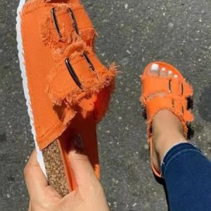Double Buckle Denim Canvas Slippers, Sandals, color:Orange|size:43, Noracora