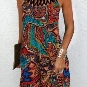 Regular Fit Vacation Ethnic Halter Dress, Dresses, color:Multicolor|size:XXL, JustFashionNow