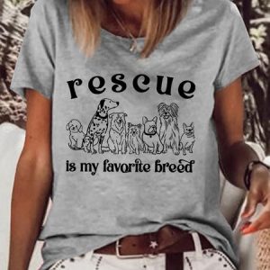 Women's Casual Crew Neck Rescue Is My Favorite Breed Letters T-Shirt, color:Gray|size:3XL, Lilicloth.com