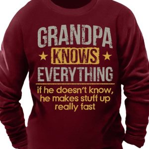 Men’s Grandpa Knows Everything If He Doesn’t Know He Makes stuff Up Really Fast Text Letters Casual Sweatshirt, color:Red|size:3XL, Lilicloth.com