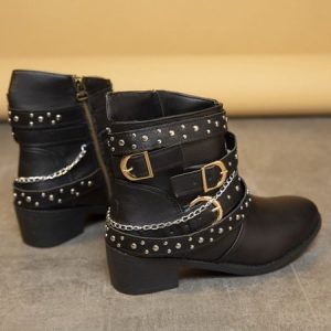Rivet Buckle Chain Street Biker Punk Booties, Boots, color:Black|size:43, JustFashionNow