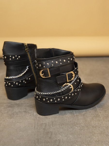 Rivet Buckle Chain Street Biker Punk Booties, Boots, color:Black|size:43, JustFashionNow