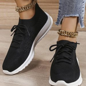 Solid Color Shock-absorbing High-elastic Flying Woven Sneakers, Sneakers, color:Black|size:43, JustFashionNow