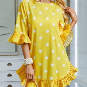Elegant Crew Neck Ruffled Sleeves Loose Polka Dots Dress, Dresses, color:Yellow|size:XXL, Stylewe