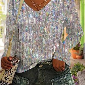 Plus Size Abstract V Neck Casual Long Sleeve T-Shirt, TOPS, color:Multicolor|size:4X, Noracora