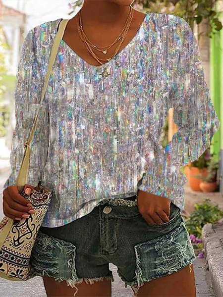 Plus Size Abstract V Neck Casual Long Sleeve T-Shirt, Long sleeves, Lilicloth.com
