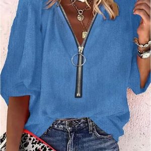 Zipper Casual V Neck Regular Fit Shirt, Shirts & Blouses, color:Blue|size:XXL, JustFashionNow