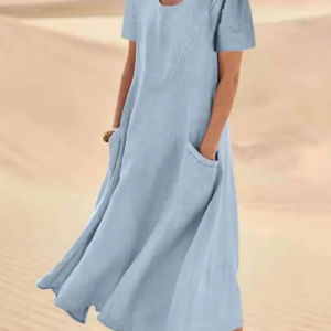 Women Casual Crew Neck Pockets Loose Short Sleeve Blue Summer Dress, Midi Dresses, Roselinlin - Online Catalog