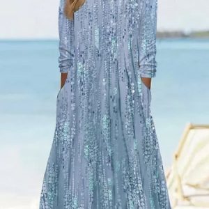Crew Neck Floral Casual Jersey Dress, Dresses, color:Blue|size:XXL, JustFashionNow