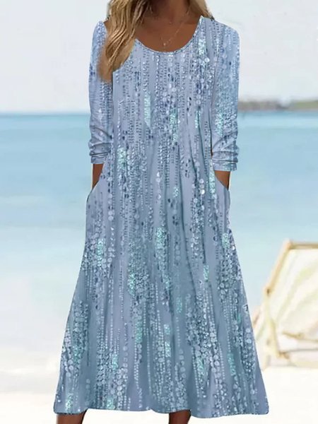 Crew Neck Floral Casual Jersey Dress, Dresses, color:Blue|size:XXL, JustFashionNow