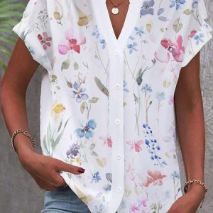 Cotton Casual Floral V Neck Blouse, Shirts & Blouses, color:White|size:XXL, JustFashionNow