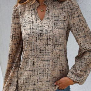 V Neck Loose Casual Geometric Shirt, Shirts & Blouses, color:Brown|size:XXL, JustFashionNow