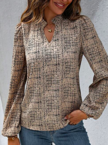V Neck Loose Casual Geometric Shirt, Shirts & Blouses, color:Brown|size:XXL, JustFashionNow