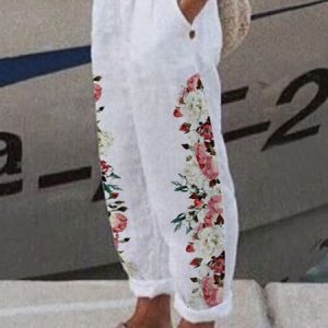 Floral Casual Regular Fit Fashion Pants, Pants, color:White|size:XXL, JustFashionNow