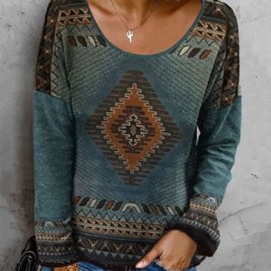 Vintage Ethnic Crew Neck Long Sleeve T-shirt, T-shirts, color:Green|size:XXL, Noracora