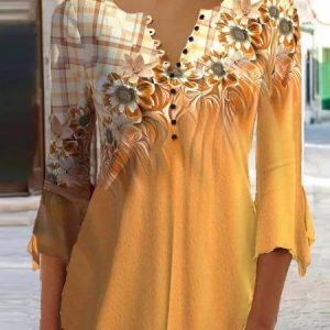 Regular Fit V Neck Casual Floral Top, Shirts & Blouses, color:Yellow|size:XXL, JustFashionNow