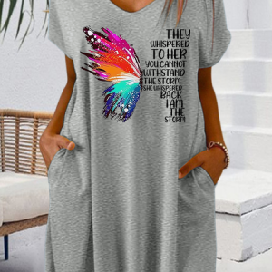 Women's Butterfly V Neck Loose Casual Dress, color:Gray|size:3XL, Lilicloth.com