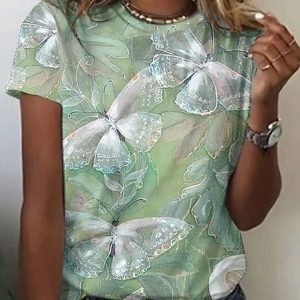 Casual Butterfly Cotton Crew Neck T-Shirt, T-shirts, color:Aqua|size:XL, Noracora