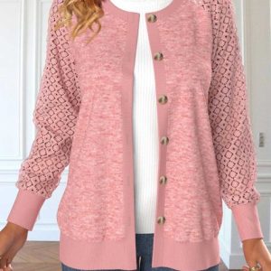 Loose Lace Casual Crew Neck Kimono, Cardigans, color:Pink|size:XXL, JustFashionNow