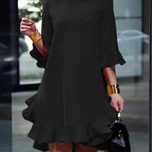 Plain Crew Neck Loose Elegant Dress, Mini Dresses, color:Black|size:XXL, Stylewe