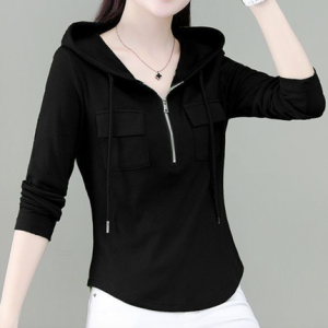 Hooded Long Sleeve Plain Zipper Regular Micro-Elasticity Loose Shirt For Women, Shirts, color:Black|size:3XL, Noracora