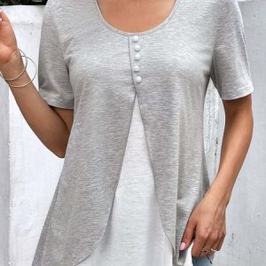Casual Knitted Color Contrast Stitching Loose Top, Shirts & Blouses, color:Light Gray|size:XXL, JustFashionNow