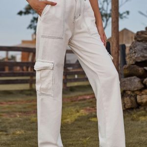 Women's Urban Casual White Denim Straight Multi-Pocket Jeans Cargo Pants, Jeans, color:White|size:XXL, JustFashionNow