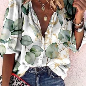 Cotton Casual Loose Leaf Blouse, Shirts & Blouses, color:Green|size:XXL, JustFashionNow