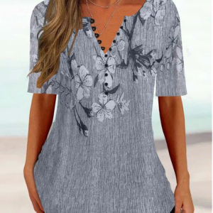 Buckle V Neck Casual Floral Shirt, Shirts & Blouses, color:Gray|size:4X, JustFashionNow