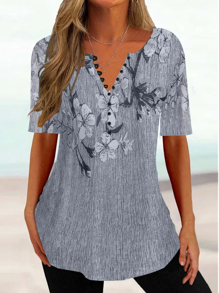Buckle V Neck Casual Floral Shirt, Shirts & Blouses, color:Gray|size:4X, JustFashionNow