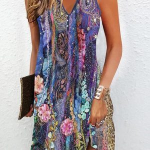 Floral Casual V Neck Regular Fit Dress, Dresses, color:Blue Purple|size:XXL, JustFashionNow